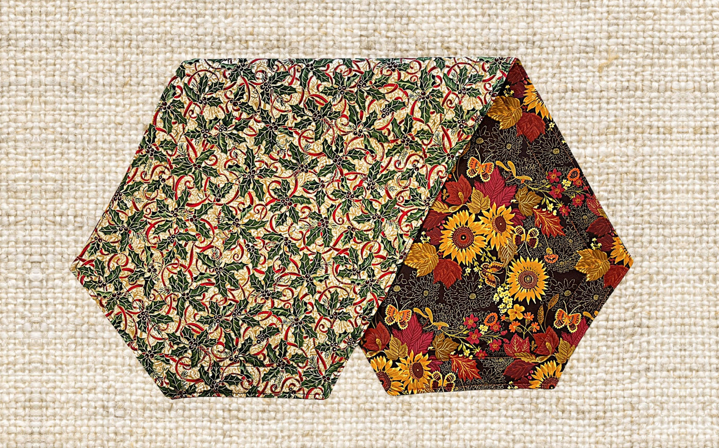 36" CHRISTMAS / HARVEST Two-Sided Table Runners. Each Side has a Selected Quality Print for Each Season. Fiber Filled and Machine Washable!