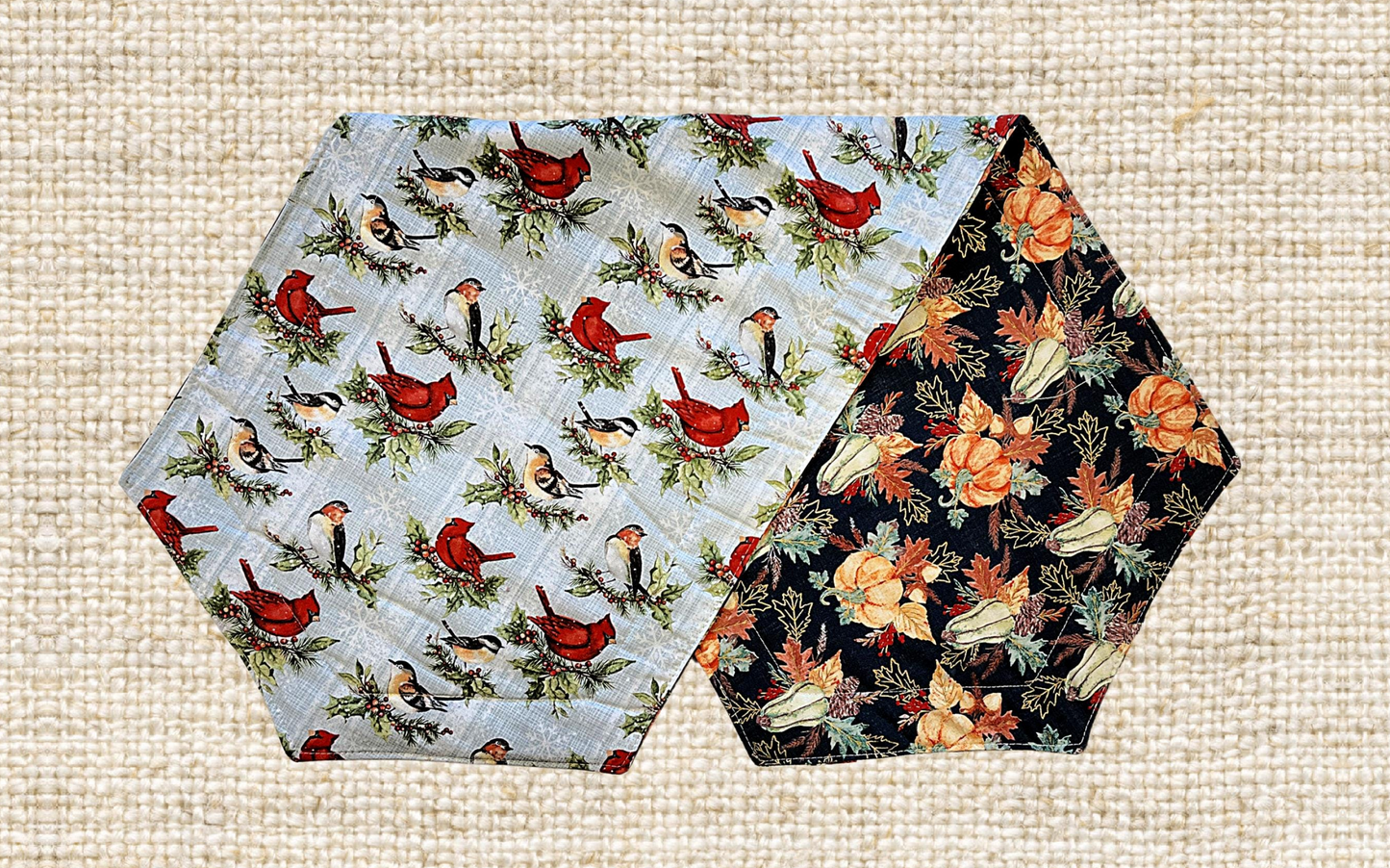 36" CHRISTMAS / HARVEST Two-Sided Table Runners. Each Side has a Selected Quality Print for Each Season. Fiber Filled and Machine Washable!