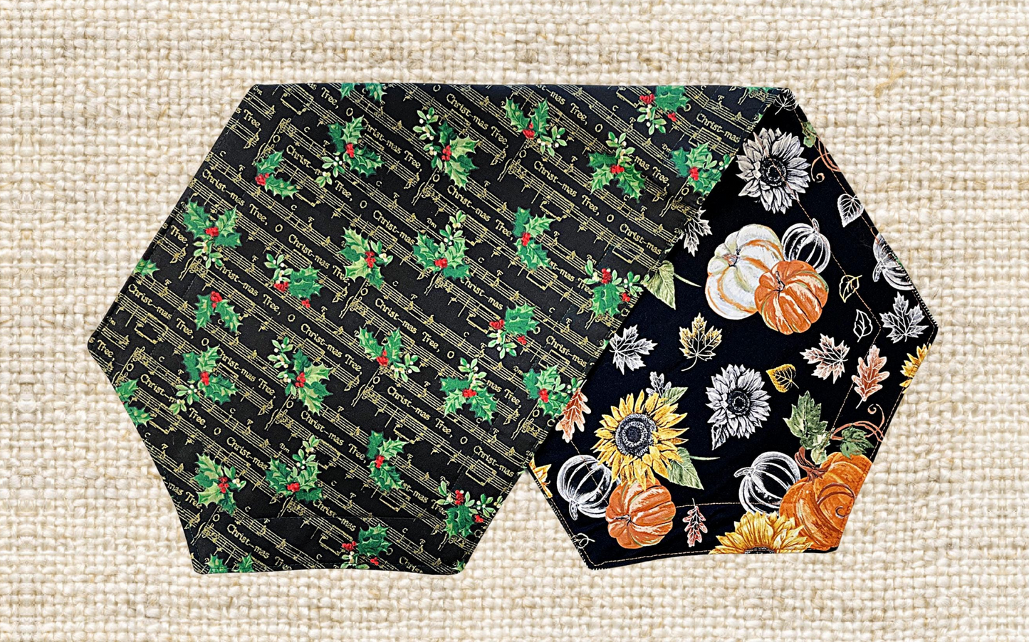 36" CHRISTMAS / HARVEST Two-Sided Table Runners. Each Side has a Selected Quality Print for Each Season. Fiber Filled and Machine Washable!