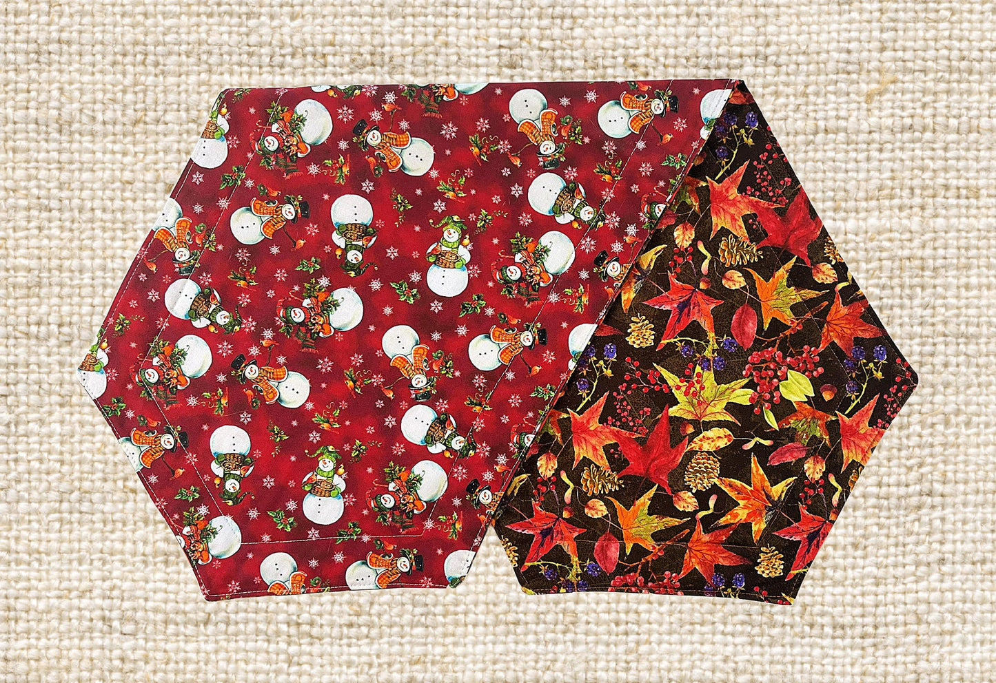 36" CHRISTMAS / HARVEST Two-Side Table Runners. Each Side has a Selected Quality Print for Each Season. Fiber Filled and Machine Washable!