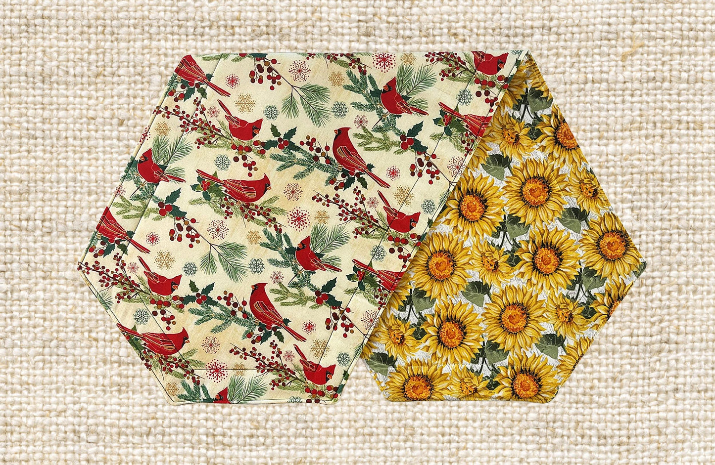 36" CHRISTMAS / HARVEST Two-Side Table Runners. Each Side has a Selected Quality Print for Each Season. Fiber Filled and Machine Washable!