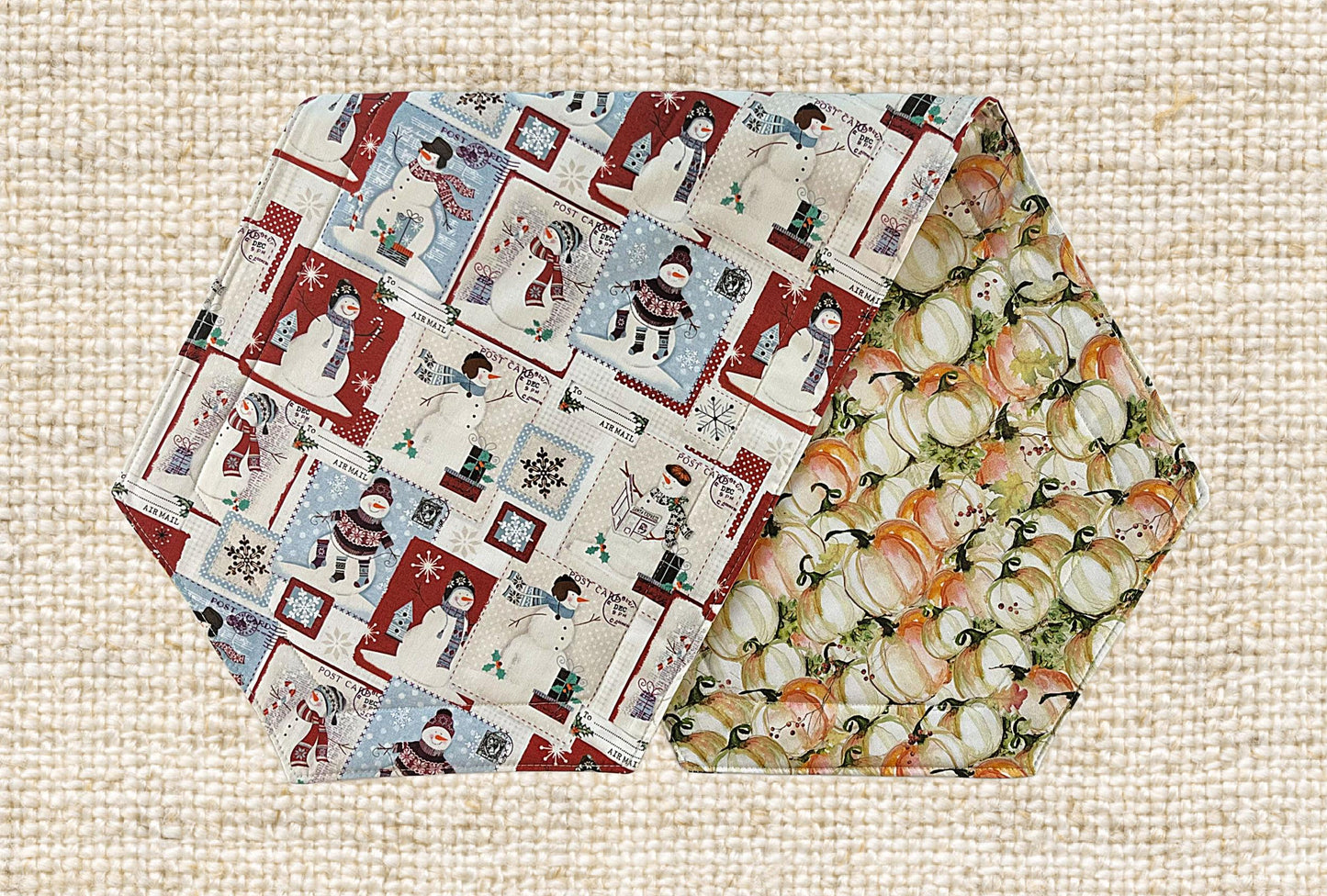 36" CHRISTMAS / HARVEST Two-Side Table Runners. Each Side has a Selected Quality Print for Each Season. Fiber Filled and Machine Washable!