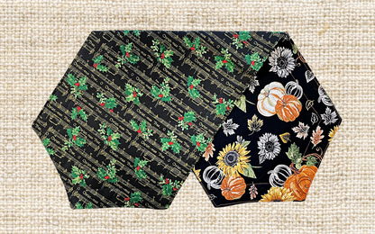 36" CHRISTMAS / HARVEST Two-Sided Table Runners. Each Side has a Selected Quality Print for Each Season. Fiber Filled and Machine Washable!